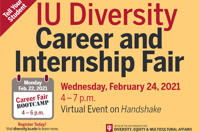 IU Diversity Career fair text on yellow background.