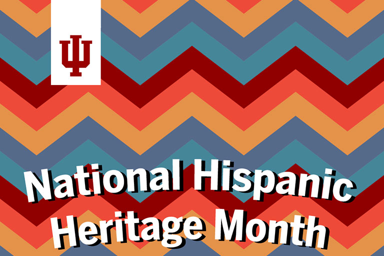 White text National Latiné Heritage Month text over background of color angled pattern.