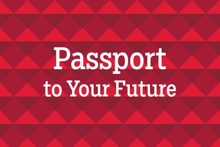 CSP Passport to Your Future text on an IU red geometric design background