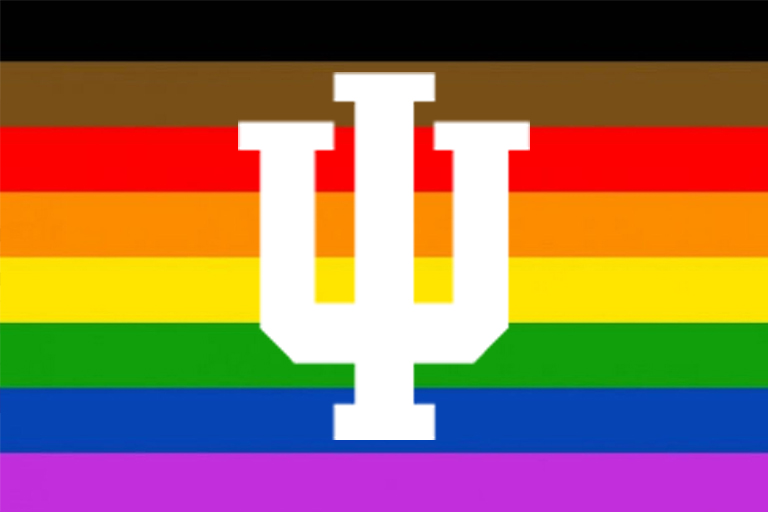 Pride flag with IU trider overlaid