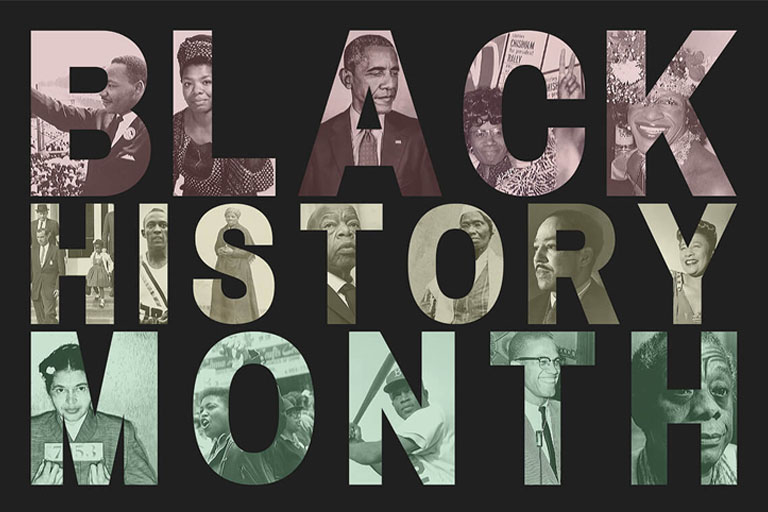 Black History Month text filled in with photos of iconic Black peope.