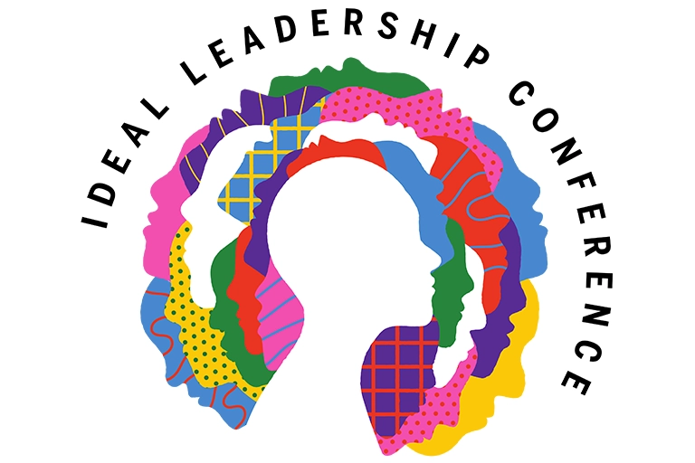 A graphic design for the Ideal Leadership Conference, featuring a white silhouette of a head in the center, surrounded by a ring of colorful abstract shapes and patterns representing diverse faces. The words 'IDEAL LEADERSHIP CONFERENCE' are written in bold black letters, curving around the top and bottom of the image.