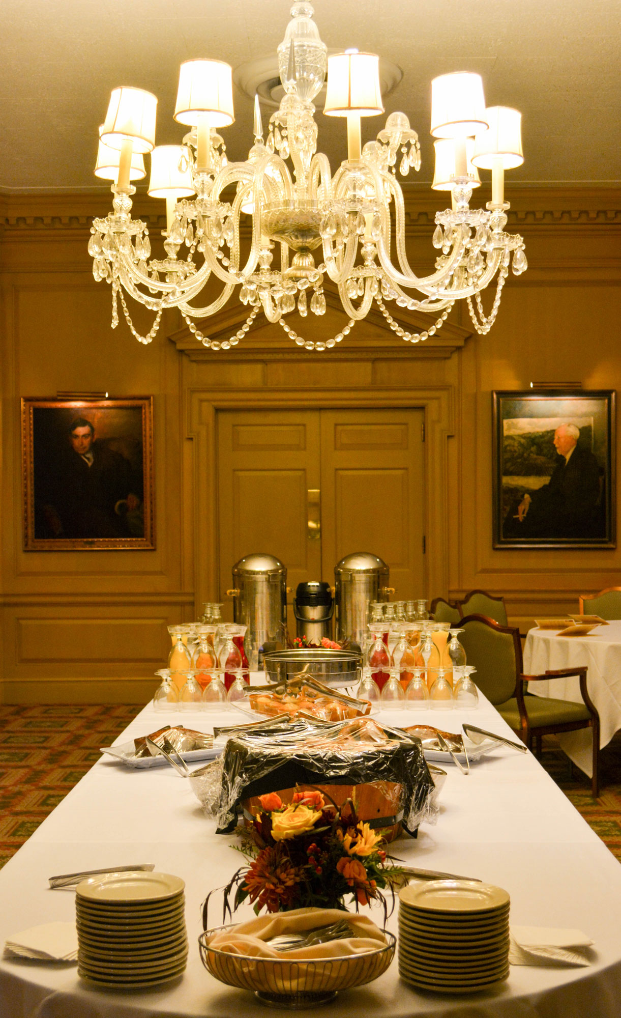 Brunch beautifully presented on the table in the Indiana Memorial Union’s ornate Federal Room.