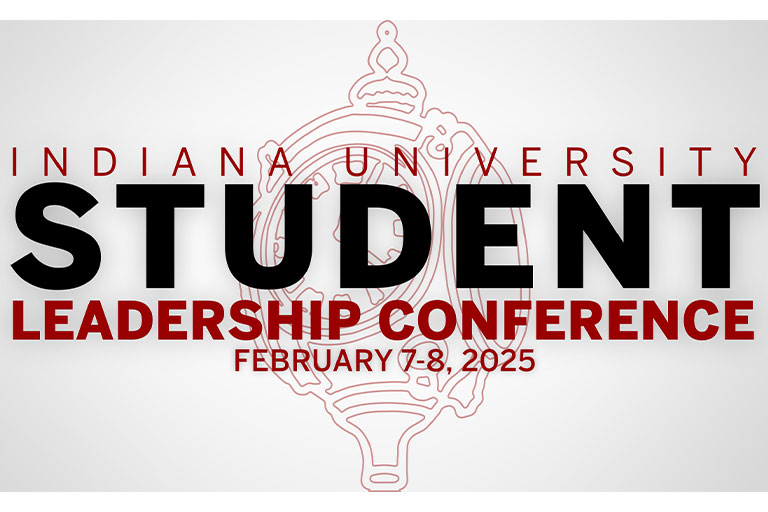 Red and black banner with the Indiana University logo for the Student Leadership Conference, February 7-8, 2025.